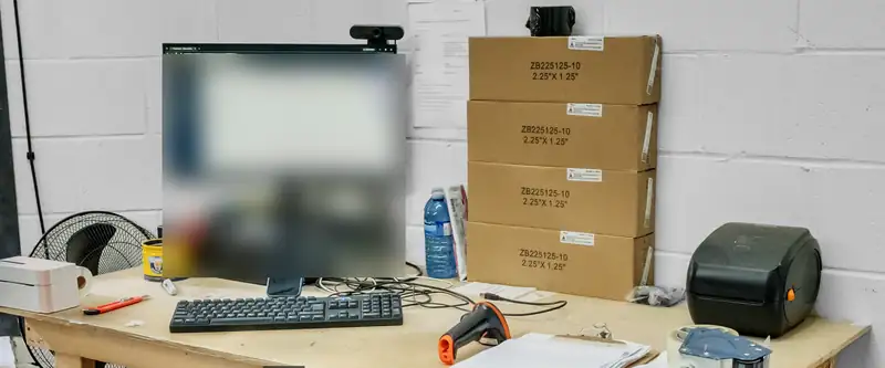 A prep station bench with a monitor, keyboard, barcode scanner, tape gun, label printer and boxes of label rolls